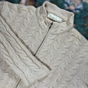 Irelands Eye Chunky Cable Knit Fisherman Full Zip 100% Wool Sweater Ivory Large